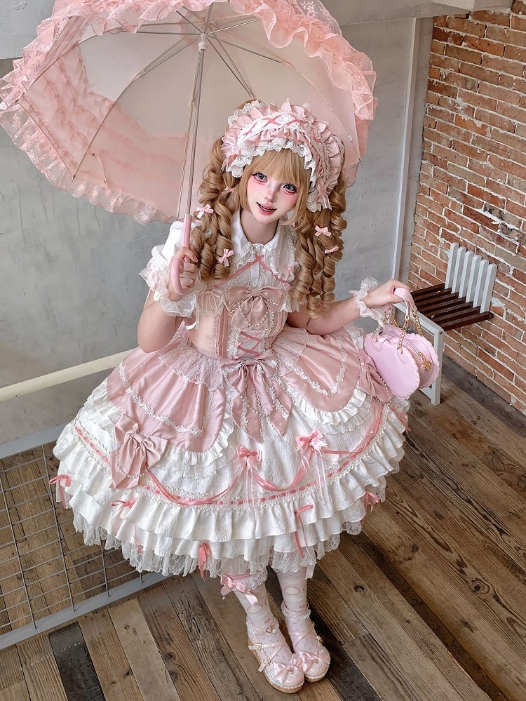 Sweet Bead Chain Bows Decorated White and Pink Tiered Skirt Lolita Dress