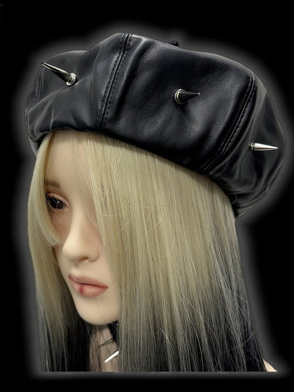 Punk Black Studs Design PU Beret