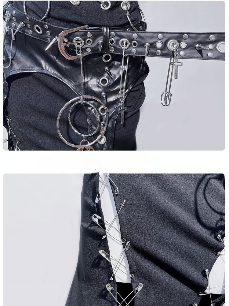 Black Punk Ring Stud Pin Detail Thigh-high Slit Mermaid Skirt with PU Buckle Belt