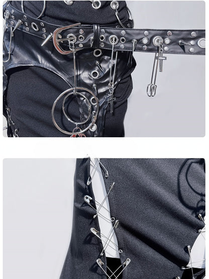 Black Punk Ring Stud Pin Detail Thigh-high Slit Mermaid Skirt with PU Buckle Belt