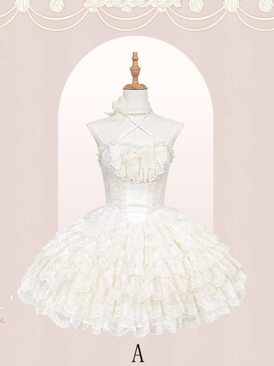 Creamy White Princess Embroidered Scallop Trim Tiered Skirt Lolita Dress