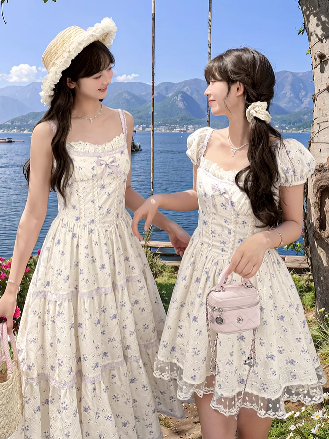 Beige Square Neckline and Short Puff Sleeves Mori Kei Floral Dress