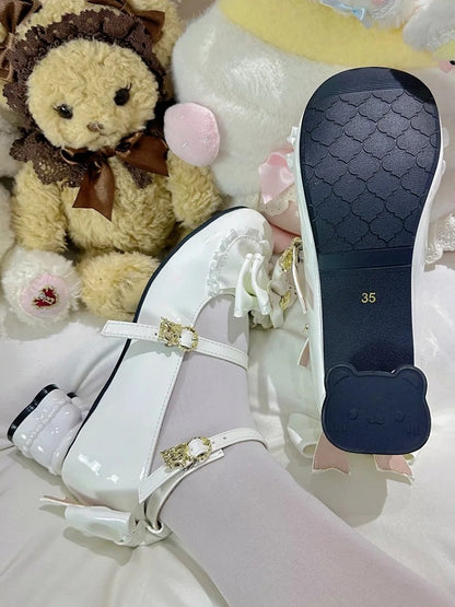 Sweet White Lolita Mid Heels with Bear Heel, Tiered Bows & Bear Clasp
