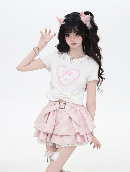 Cute Buttons Neckline Big Bow Hem Sweetheart Print White/Black T-shirt