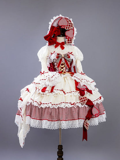 Red Queen Red Bow Accents Boned Corset Top + Tiered Skirt Gorgeous Hime Lolita Full Set