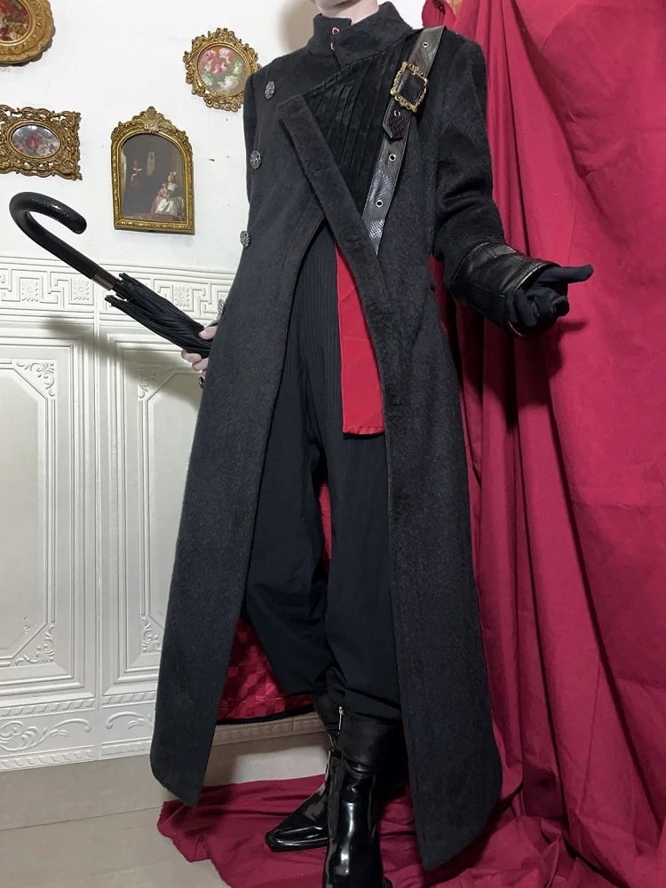 Ouji Fashion Black Leather Cuffs Gothic Lolita Woolen Coat with Red Inner Lining