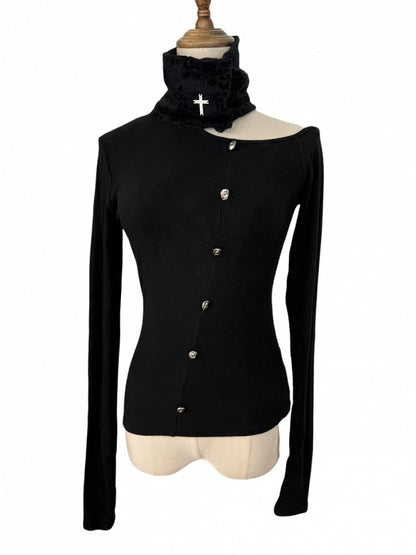 Gothic Asymmetrical Button-Up Top with Detachable Flocked Lace Cape