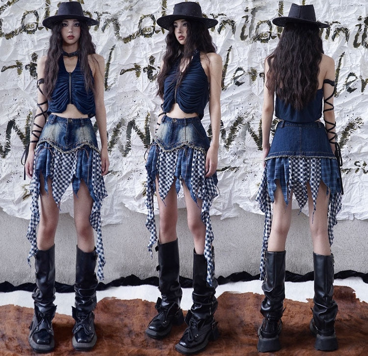 Navy Blue Zip Closure Halter Neck Punk Top