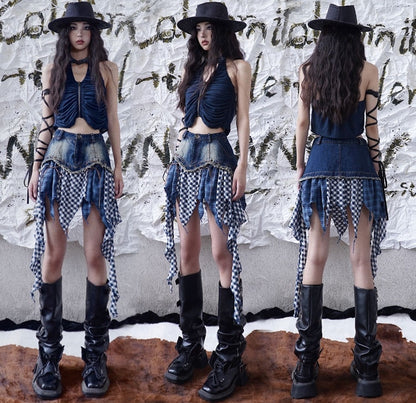 Navy Blue Zip Closure Halter Neck Punk Top