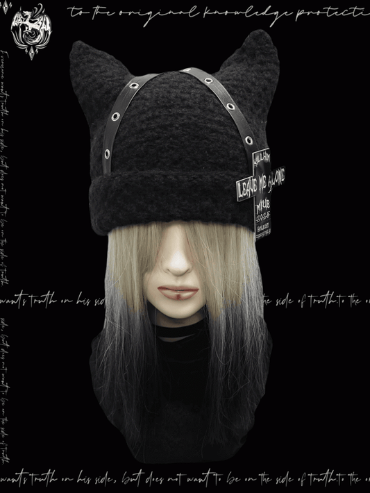 Punk Black Cat Ears Design Criss-cross Straps Cross Accent Glamorous Beanie