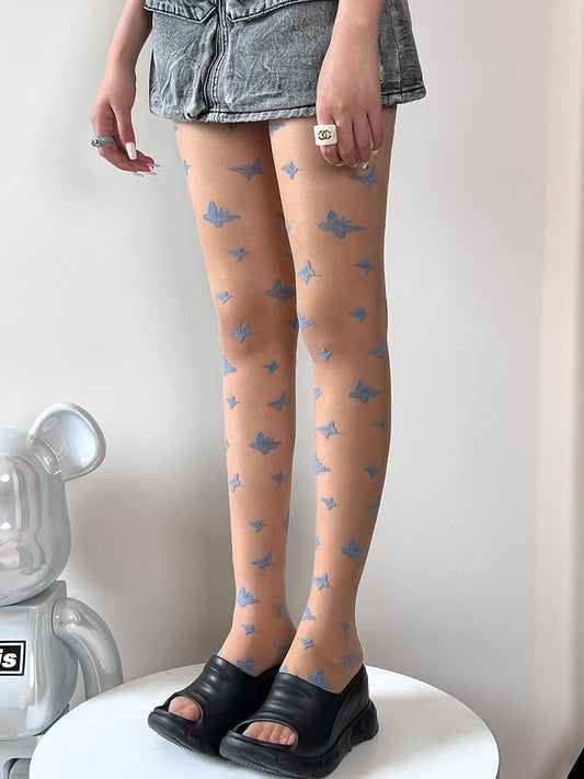 Black/Nude/White Butterfly Details Tights