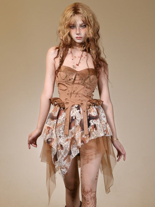Brown Wasteland Punk Studs Chain Decorated Distressed Holes Design Halter Dress