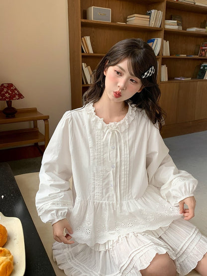 Self-tie Ruffle Neckline White Pleating Details Lace Hem Blouse