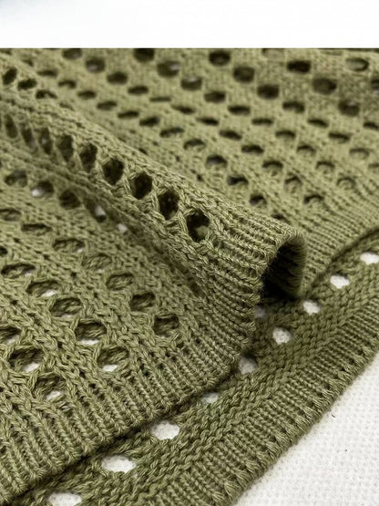 Army Green Hollow-out Design Semi-sheer Long Sleeves Top