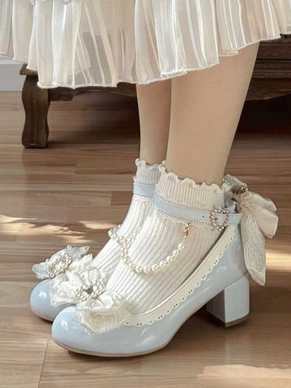 Blue Beaded And Rhinestone Decorated Bow at Top Lace Trim Mary Janes With Detachable Beaded Chain