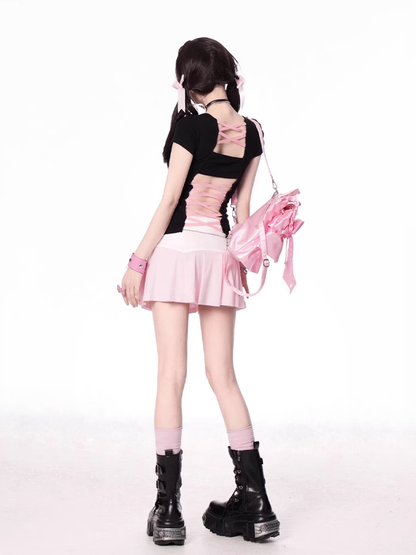 Pink and White Colorblock Design Pleated Skirt
