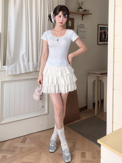 Dolphin-shaped Cutout Back Blue Scoop Neckline T-shirt