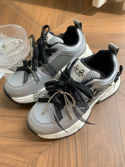 Black Beaded Decorated Bowknot Details Front Lace-up Ties Sneakers