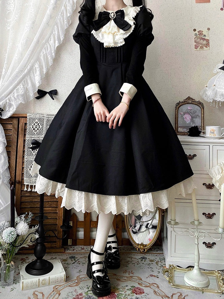 Black and Beige Juliette Sleeves Lolita Dress + Maid Apron Set
