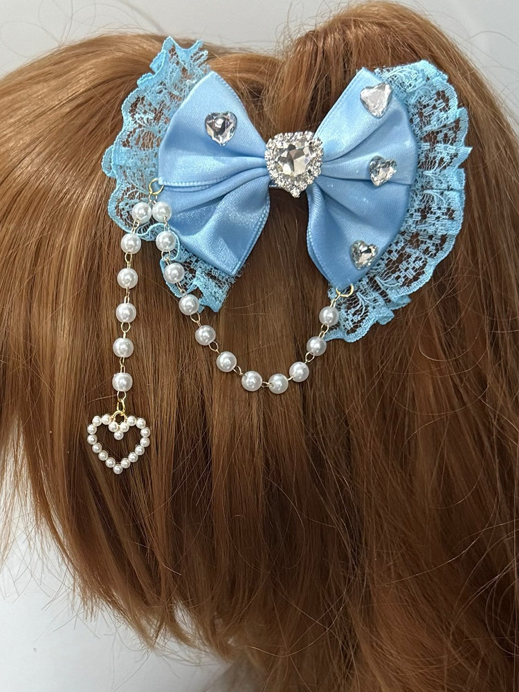 Blue Beaded Charm Rhinestone Heart Decorated Lace Trim Bowknot Hairclip