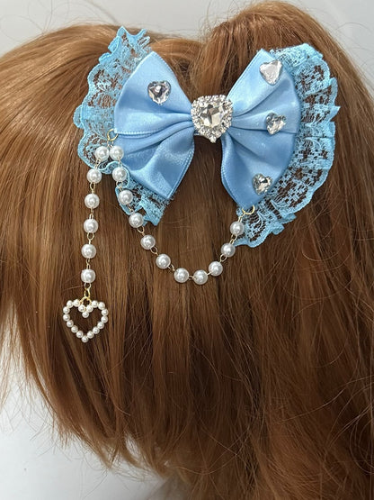 Blue Beaded Charm Rhinestone Heart Decorated Lace Trim Bowknot Hairclip