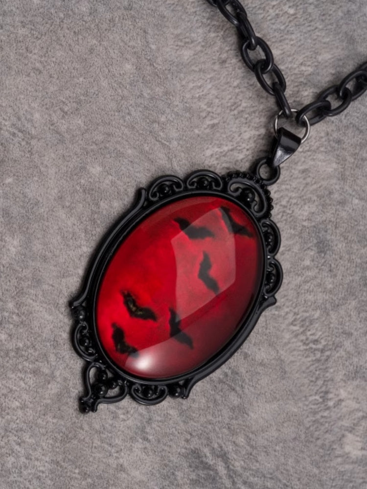 Black&Red Gothic Beaded And Bat Pendant Necklace