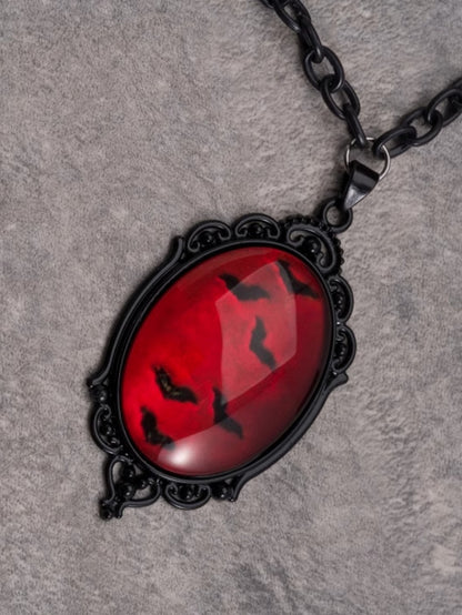 Black&Red Gothic Beaded And Bat Pendant Necklace
