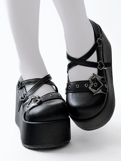Black Y2K Crisscross Design Wings Decorated Heart Buckles Platforms