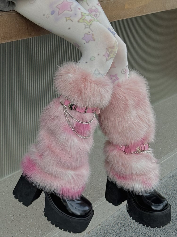 Pink/Dusty Blue/Yellow Y2K Buckle Straps Shaggy Leg Warmers