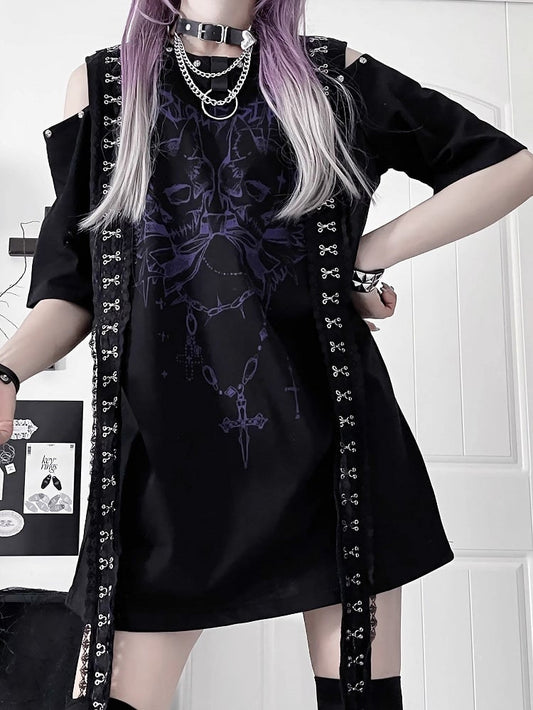 Black&Purple Emo Punk Cutout Shoulder Design T-shirt