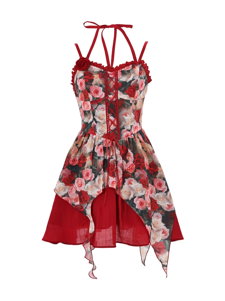 Red Rosette Print Cascading Ruffles Lace-up Front Cami Dress
