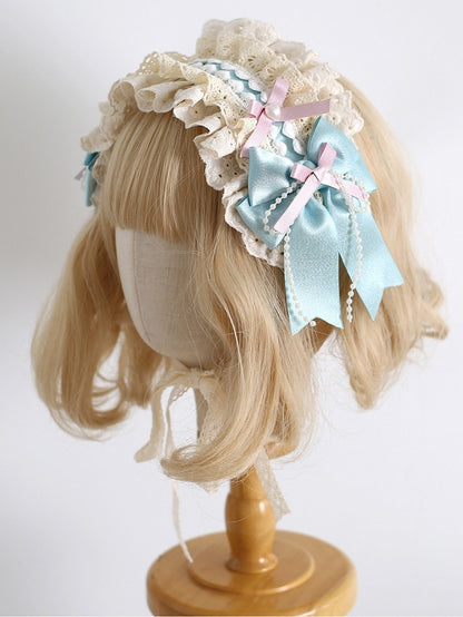 Pink&Blue Sweet Lolita Beaded Decorated Bowknot Details Ruffled Hairband