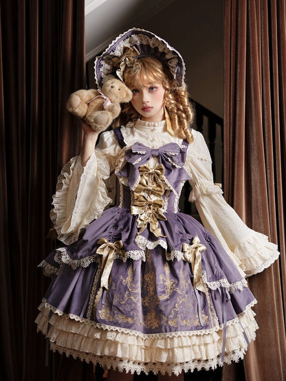 Bows Decoration Candle Embroidery Purple Velvet Dress Lolita JSK / Set