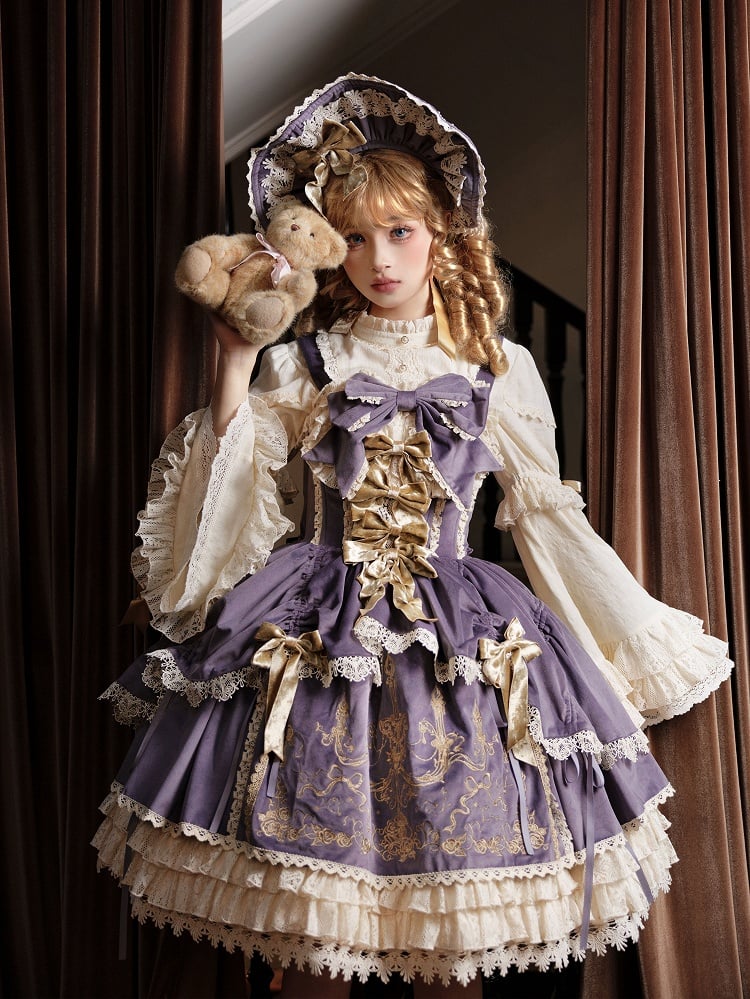 Bows Decoration Candle Embroidery Purple Velvet Dress Lolita JSK / Set