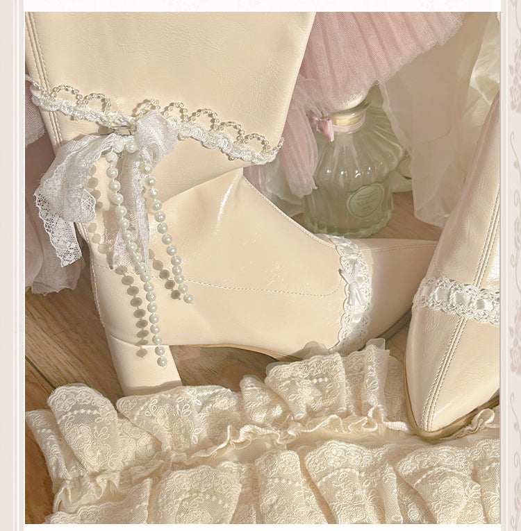Beige Pointed Toe Lace and Beaded Chain 7CM Block Heel Knee-high Boots
