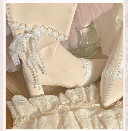 Beige Pointed Toe Lace and Beaded Chain 7CM Block Heel Knee-high Boots