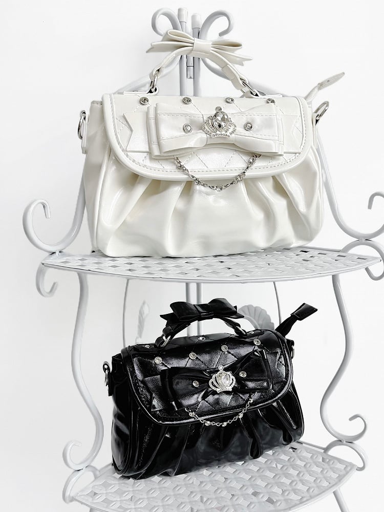 Detachable Rhinestone Strap & Crown-Embellished Bow Accent White Hand/Crossbody Bag in Jirai Kei