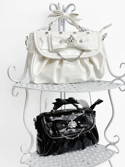 Detachable Rhinestone Strap & Crown-Embellished Bow Accent White Hand/Crossbody Bag in Jirai Kei
