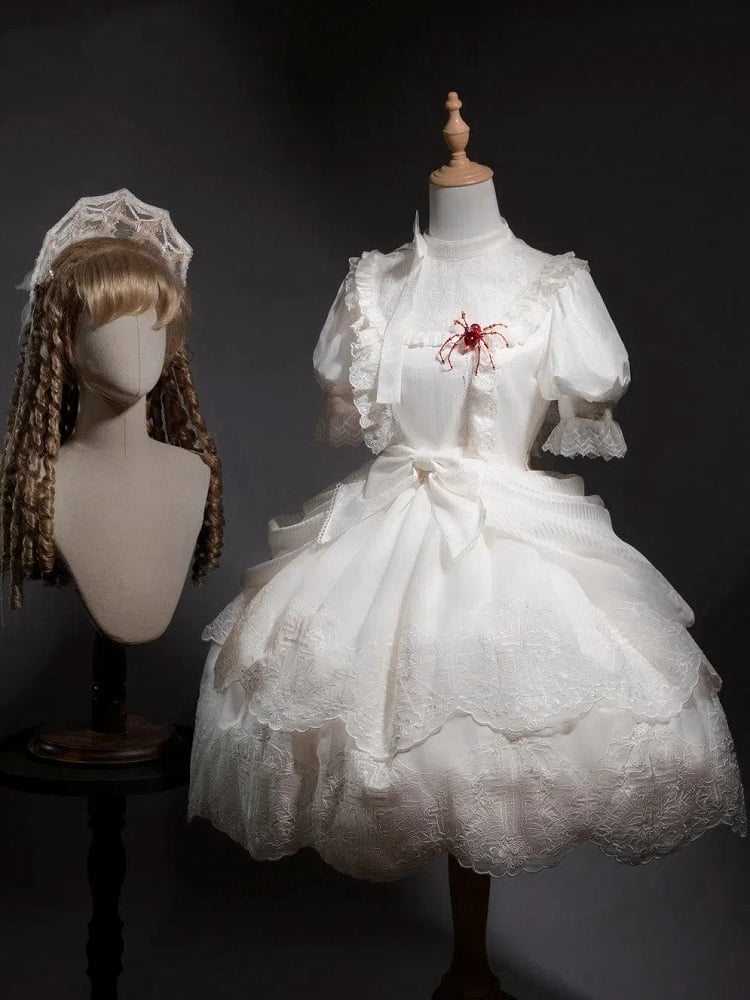 Clearance-Size M for Bust 90CM White Spider Web and Cross Embroidery Shiro Lolita Dress Embroidered Scalloped Edge Trim Skirt
