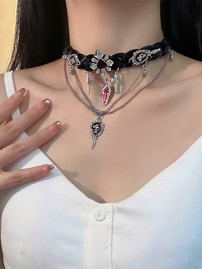 Black Cross and Skeleton Pendant Punk Choker