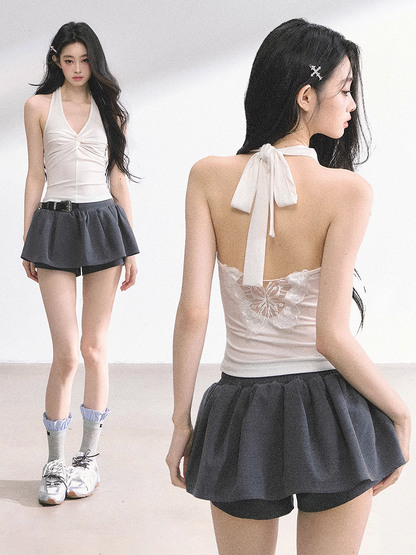 Twist Detail Neckline Lace Butterfly Applique White/Gray/Blue Backless Halter Top