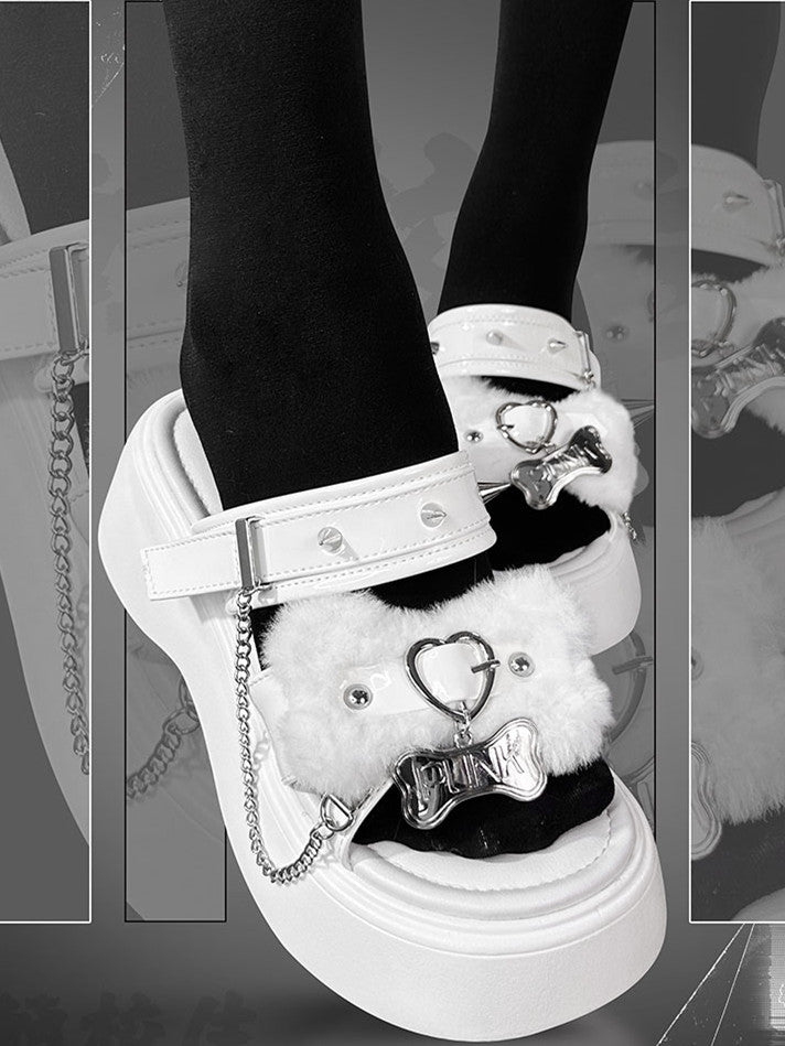 Bone Design Studs Decorated White Punk Platform Slippers