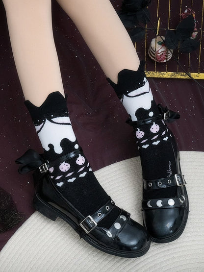 Black Heart Strawberry Print Ruffled Cuff Calf Socks