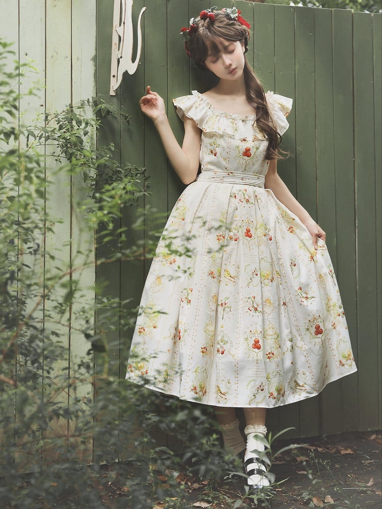 Hawthorn and Bird Print White Square Neckline Elegant Classic Lolita Dress with Waist Belt