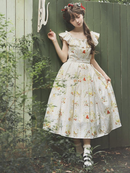Hawthorn and Bird Print White Square Neckline Elegant Classic Lolita Dress with Waist Belt