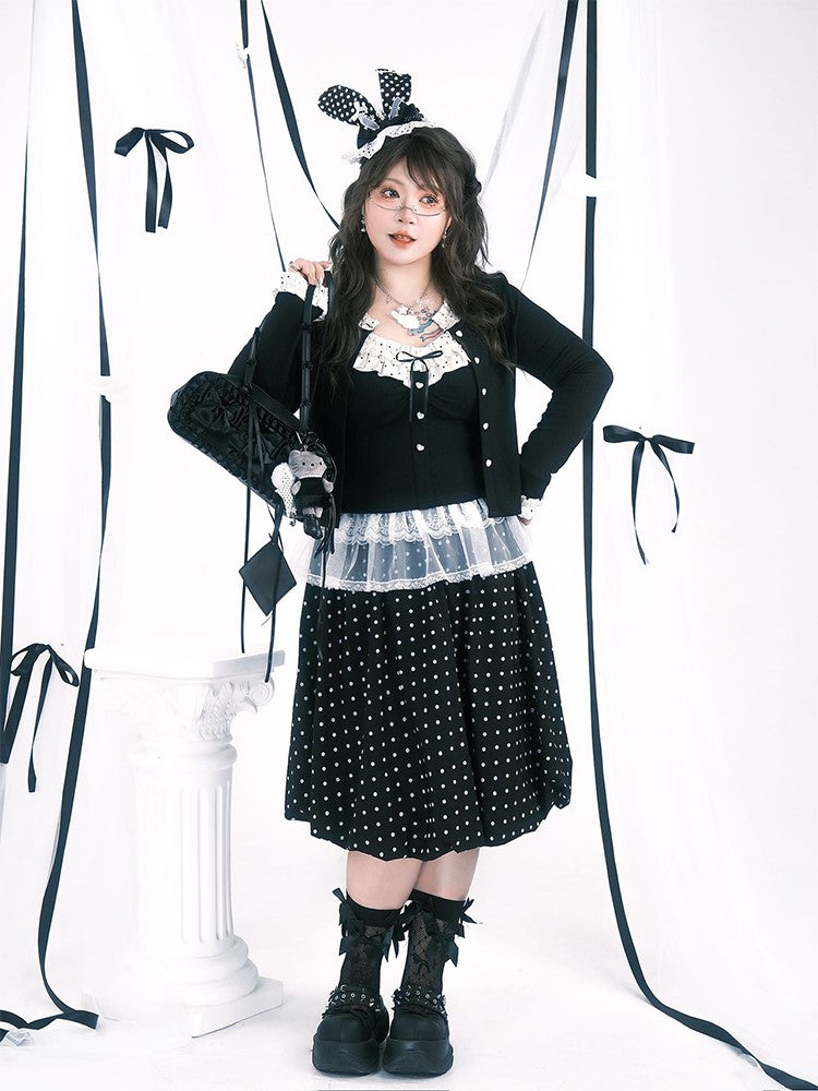 Plus Size Black Below-Knee Skirt with White Polka Dots & Side Zipper