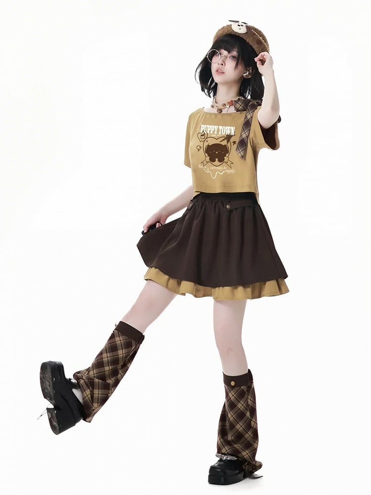 Brown Drawstring Cuffs Plaid Leg Warmers