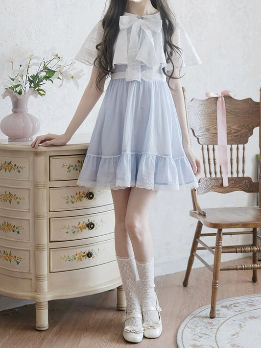 Jirai Kei Light Blue Peter Pan Collar Cape Design Faux Two-pieces Dress