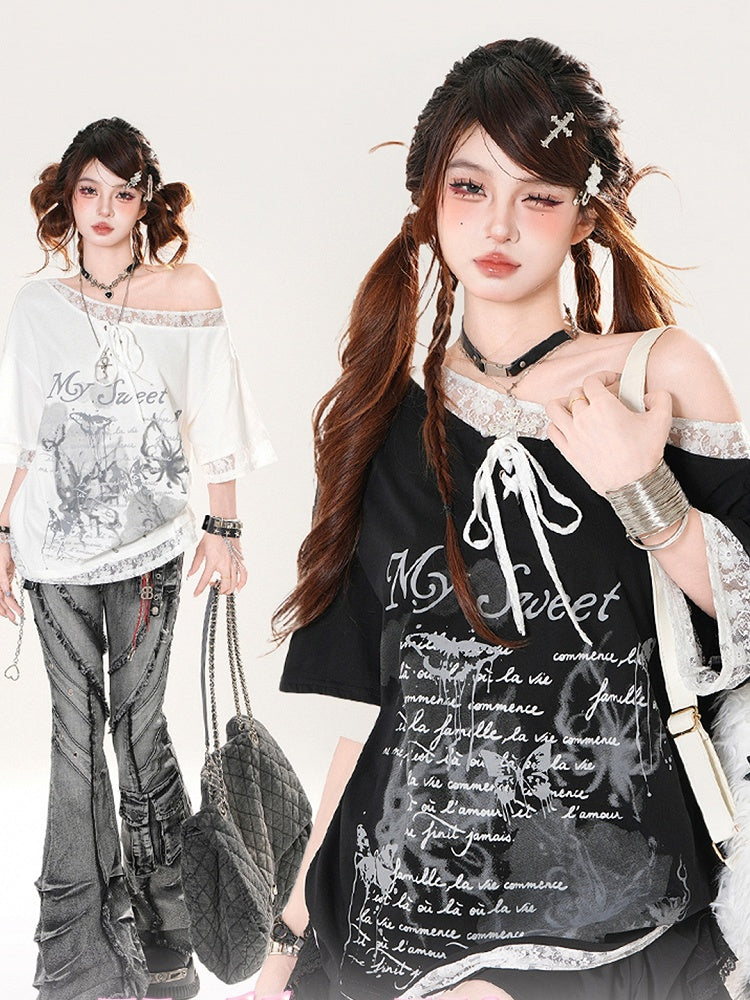 Asymmetrical Neckline Lace Trim Butterfly Print Black/White Loose T-shirt