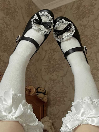 Blue Bow at Top Lace Trim Beaded Heart Buckles Lolita Shoes